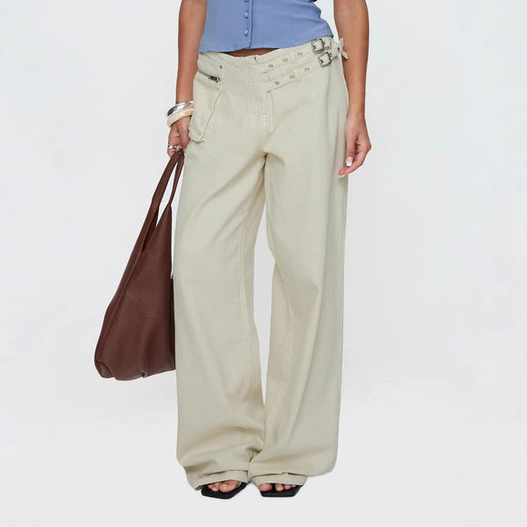 Women Personality Street Adjustable Buckle Waist Side Pocket Detail Loose Trousers