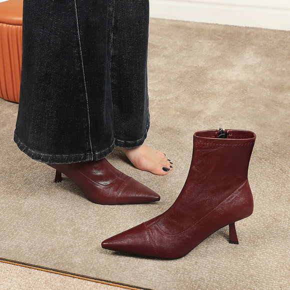 Skinny Boots Women Retro Soft Leather Pointed Toe Ankle Boots Single Layer Boots Stiletto Heel Small Stretch French Ankle Boots