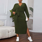 Plus Size Women Clothes V neck Lantern Sleeve Dress Autumn Winter Elegant A line Midi Dress