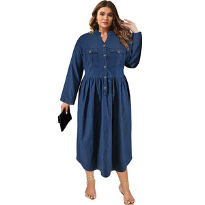 Plus Size Women Clothing Denim Stand Collar Button Long Sleeve Dress