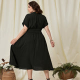 Plus Size Women Clothing V Neck Slim Fit Short Sleeved Dress Vacation High Waist A Line Seaside Beach Women