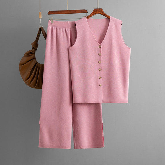 Solid Color Loose Casual Wide Leg Pants Two Piece Set for Women