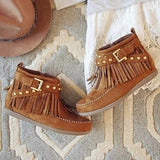 Vintage Suede Short Tassel Boots Women Flat Belt Buckle Single Boots
