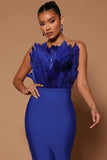 Brown Rose Red Tube Top Feather Backless Slim Fit Medium Length Bandage One Piece Dress