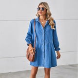 Loose Washed out Long Sleeve Stitching Denim Dress Midi Dress for Women