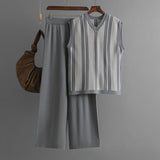 Women Clothing Striped V neck Sleeveless Knitted Vest Solid Color Wide Leg Pants Summer Casual Set