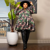 Plus Size Women Clothes Printed Ruffled Button Dress Shirt Dress