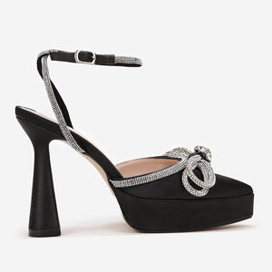 Thick High Heel 13cm Transparent Pink Black Bow Rhinestone Waterproof Platform Pointed Pumps Women