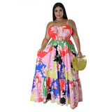 Plus Size Summer Sexy off Shoulder Pleated Long Women Clothes Printing Slip Dress
