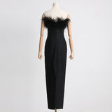 Graceful Tube Top Dress Ostrich Feather Slim Fit Patchwork Slimming Sheath Dress Women