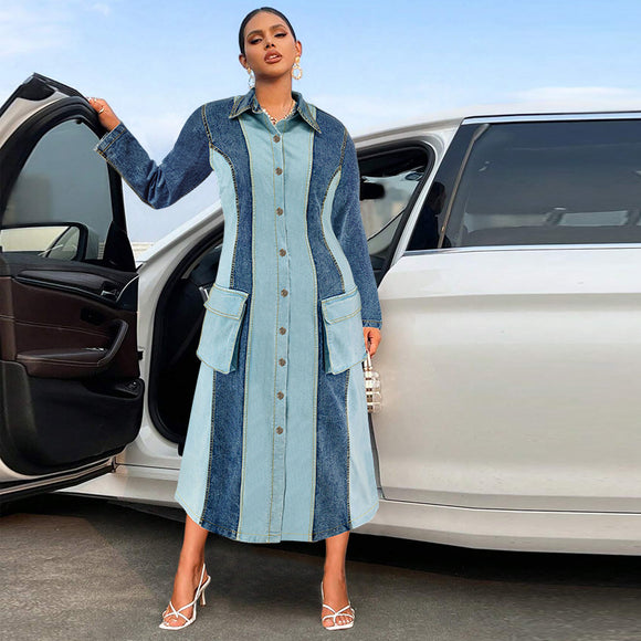 Plus Size Women Clothing Denim Stitching Collared Long Sleeve Dress