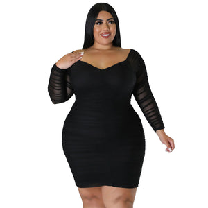 Plus Size Autumn Women Dress Wrapped Chest Stitching Mesh Sleeves Night Club Sexy Sheath