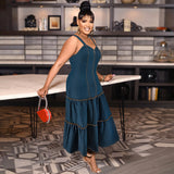 Plus Size Women Sleeveless Collarless Sling Long Denim Dress