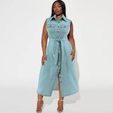 Plus Size Women Collared Sleeveless Denim Long Lace Up Dress