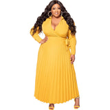 Plus Size Women Clothing V neck Lace up Long Sleeve Pleated Decoration Body Dress