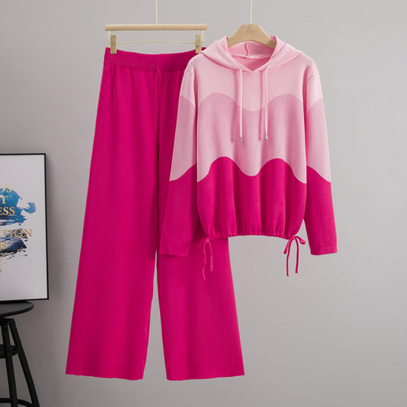 Age Reducing Women Early Autumn Patchwork Contrast Color Knitted Top Wide Leg Pants Two Pieces