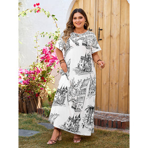 Plus Size Loose Printed Maxi Dress Short Sleeve Dress for Women