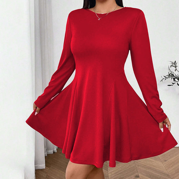Plus Size Women Clothing Simple Sexy Red Dress Autumn Winter High Waist Slim Fit Midi