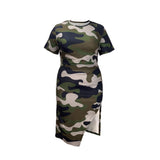 Plus Size Camouflage Printed round Neck Side Pleated High Slit Shoulder Sleeve Dress