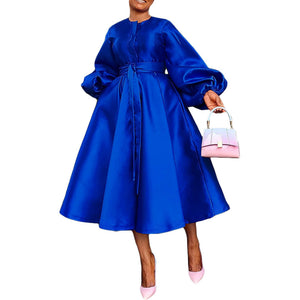 Women Clothing Autumn Winter Solid Color Glossy Loose Button Lantern Sleeve Dress