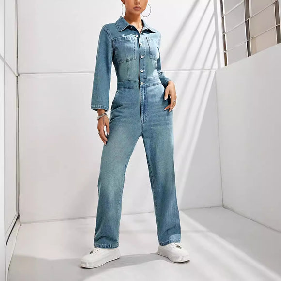 Women Casual Office Slim Fit One Piece Long Sleeves Jeans