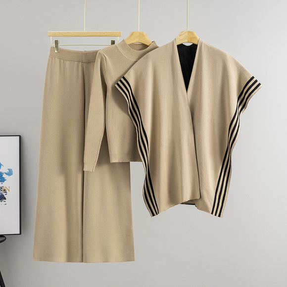 Striped Patchwork round Neck Loose Sweater Three Piece High Waist Straight Wide Leg Pants