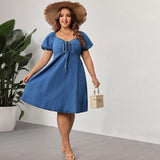 Plus Size Women Summer Short Sleeve Elastic Mid Length Dress