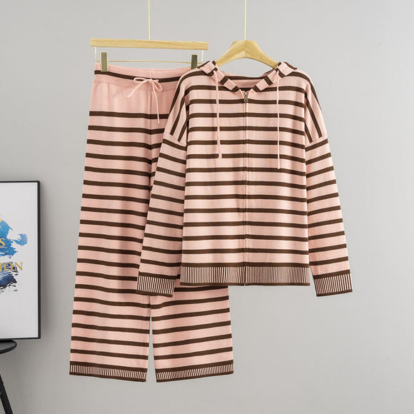 Idle Striped Hooded Suit Women Autumn Winter Loose Casual Wide Leg Pants Two Piece Sets