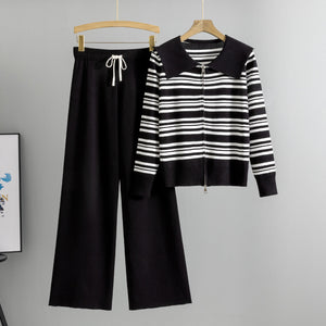 Spring Autumn Casual Wide Leg Pants Large Collared Striped Zipper Top Light Luxury High Grade Two Piece Set