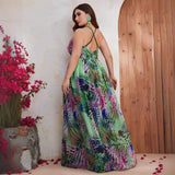 Plus Size Chiffon Spaghetti Straps Sleeveless Maxi Dress Summer Printed V neck Vacation Dress