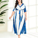 Plus Size Women Clothing Spring Summer Colorblock Striped Printed Lace up Sexy V neck Short Sleeve