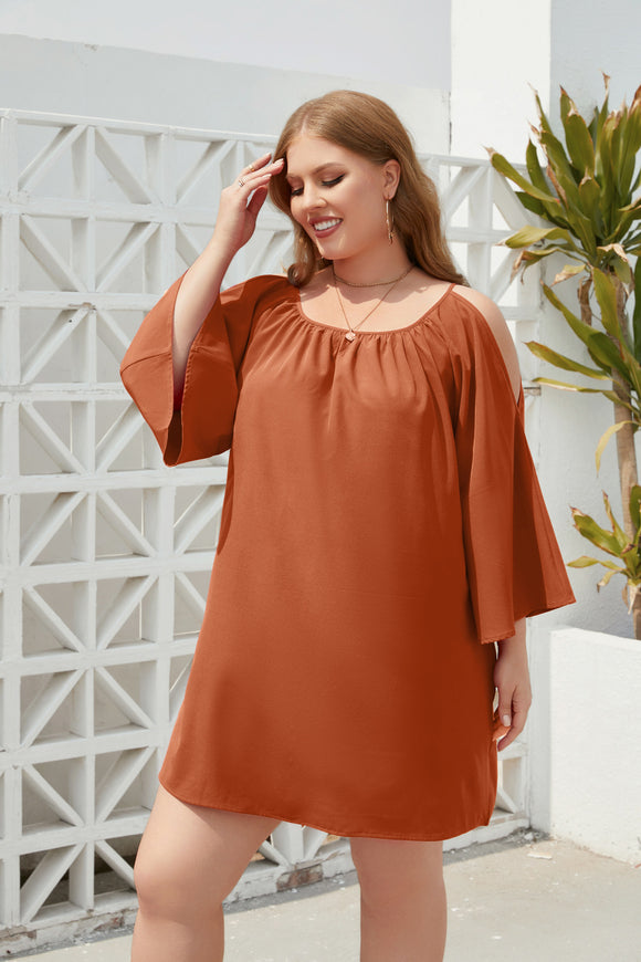 Plus Size Women Clothing Solid Color Casual Holiday Dress Travel Crew Neck Split Puff Sleeve Dress