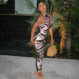 Personality Women Printed Wear Hollow Out Cutout out Slim Fit Sheath Jumpsuit Sleeveless Zebra Pattern Long Jumpsuit