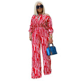 Plus Size Popular  Women Clothing Striped Printed Oblique Long Sleeve Shoulder Width Loose Casual Set Women