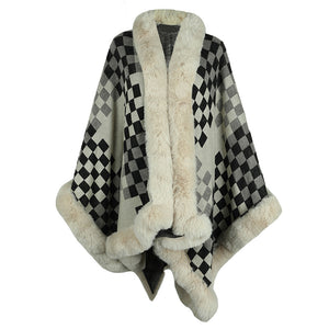 Women Fur Collar Shawl Autumn Winter Thickened Warm Knitted Cape