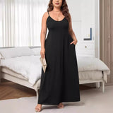 Plus Size Women Clothes U Neck Sleeveless Dress Summer High Waist Solid Color Midi Dress