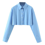 Preppy Sexy Cardigan Women Autumn Solid Color Top Polo Collared Single Breasted Ultra Short Long Sleeve Shirt