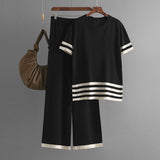 Contrast Color Striped Slit Short Sleeve Sweater High Waist Slimming Wide Leg Pants Trousers Casual Two Piece Set
