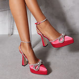 Thick High Heel 13cm Transparent Pink Black Bow Rhinestone Waterproof Platform Pointed Pumps Women