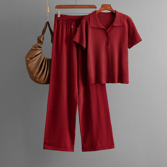 Polo Collar Ice Silk Knitted Women Summer Elegant Button T shirt Casual Pants Two Piece Set