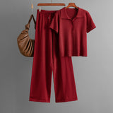 Polo Collar Ice Silk Knitted Women Summer Elegant Button T shirt Casual Pants Two Piece Set