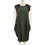 Plus Size Women Solid Color Double Pocket Loose Dress