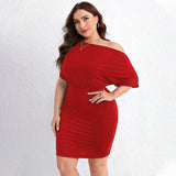 Plus Size Red for Women Dress Summer Cross Shoulder Bag Hip Midi Dress