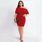 Plus Size Red for Women Dress Summer Cross Shoulder Bag Hip Midi Dress