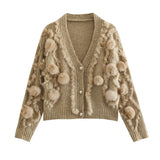 Three Dimensional Fur Ball Mink like Long Sleeved Knitted Cardigan Autumn All Matching V neck Sweater Coat