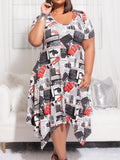 Plus Size Women Clothing Burst Short Sleeve round Neck Printed Fashionable Dress
