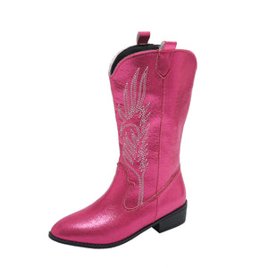 V Cut Embroidery Mid-Calf Western Knight Boots Women Pointed Toe Chunky Heel Embroidery Boots