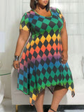 Plus Size Women Clothing Burst Short Sleeve round Neck Printed Fashionable Dress