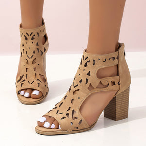 Camel Hollow Out Cutout out Cool Summer Women Peep Toe Sandals Back Zipper Open Toe Women High Heeled Sandal