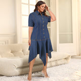 Plus Size Women Clothing Denim Collared Short Sleeve Button Mid Length Dress
